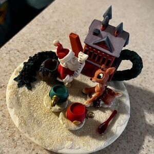 Festive Santa and Reindeer Ornament with House